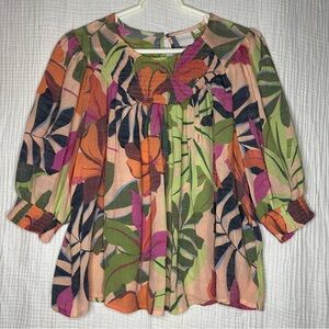 Zac & Rachel Vibrant Multicolor Tropical Top Blouse Boho Smocked 3/4 Sleeve L